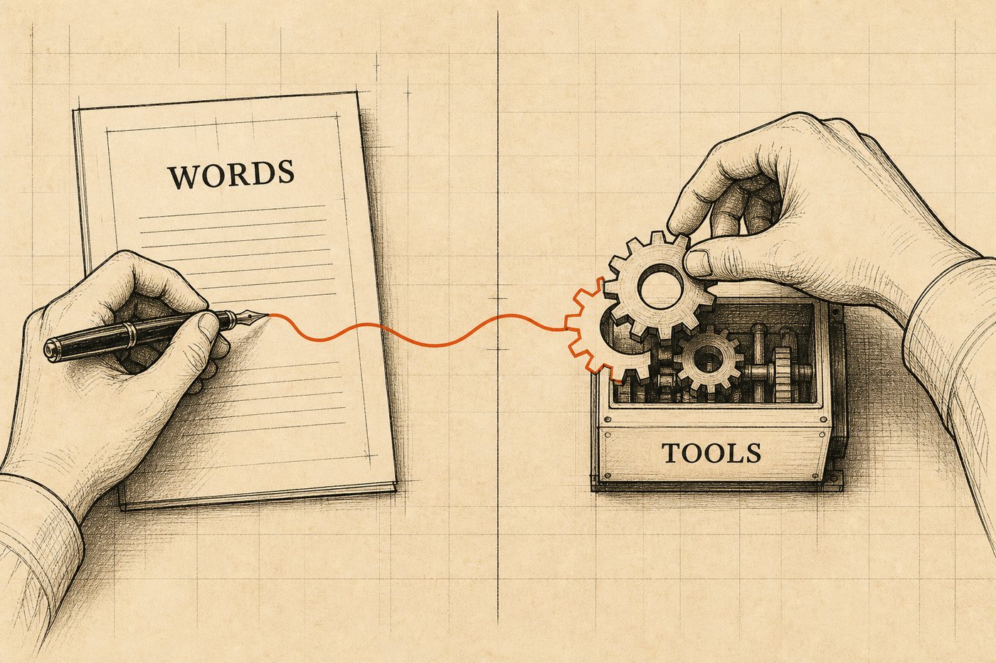 Top-down illustration of pen work connecting to gears labeled words and tools