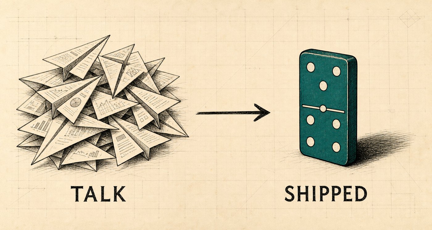 Talk versus shipped illustration with paper airplanes, arrow, and teal domino